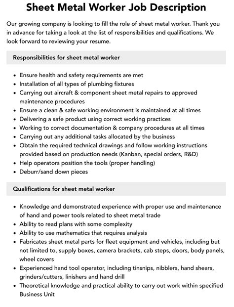 sheet metal trade worker job description|steel worker duties and responsibilities.